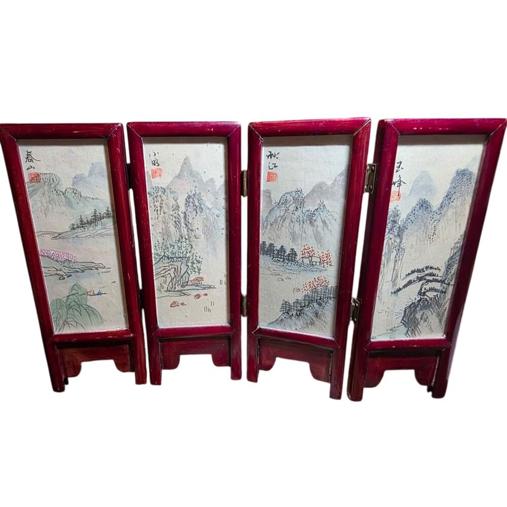 Vintage Mini 4 Panel Asian Screen 2-Sided Hand Painted Birds & Scenic Decor